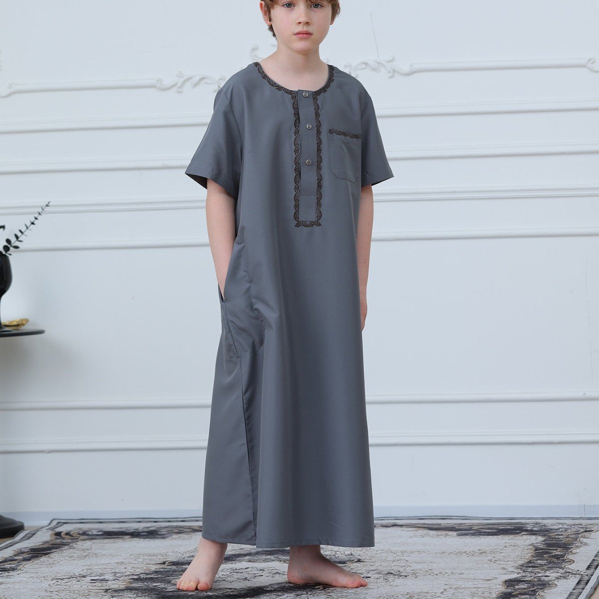 Boys' Embroidered Thobe with Side Pockets(MKB031) - Mariam's Collection