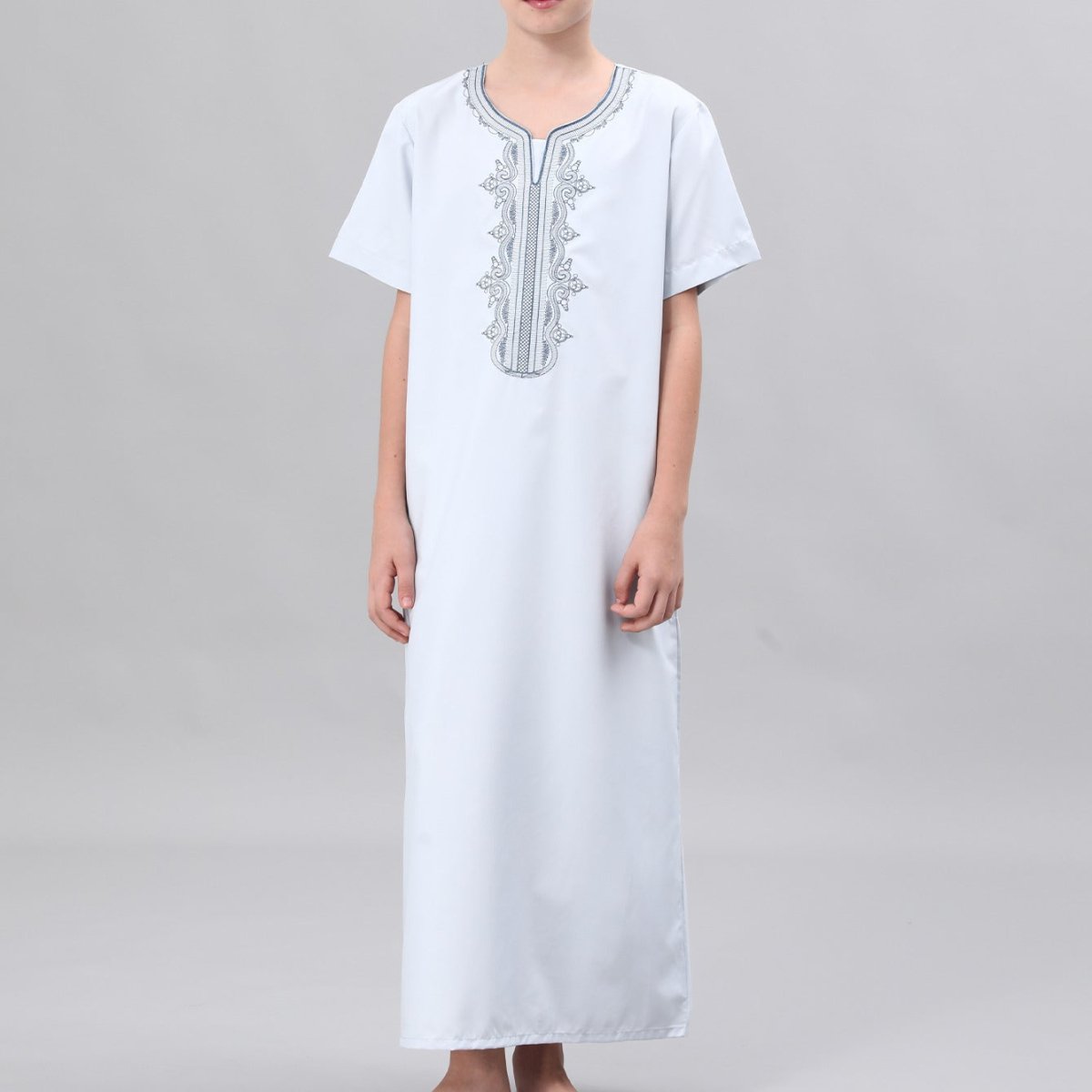 Boys' thobe in soft gray with tonal embroidery, full-length view