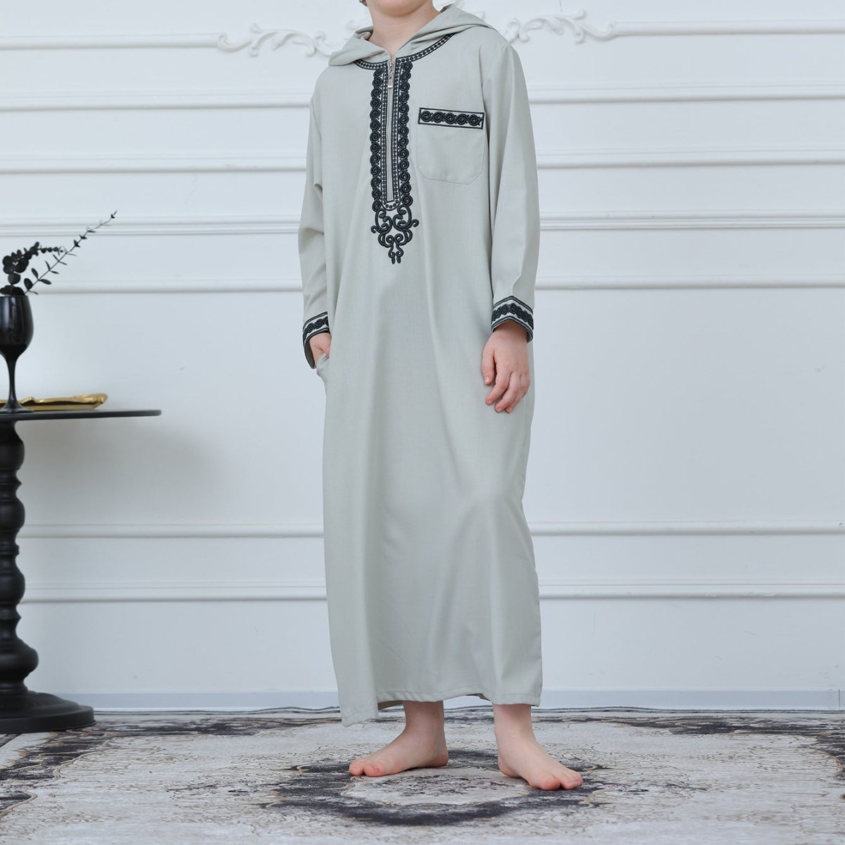 Boys' Hooded Embroidered Thobe with Pockets(MKB030) - Mariam's Collection
