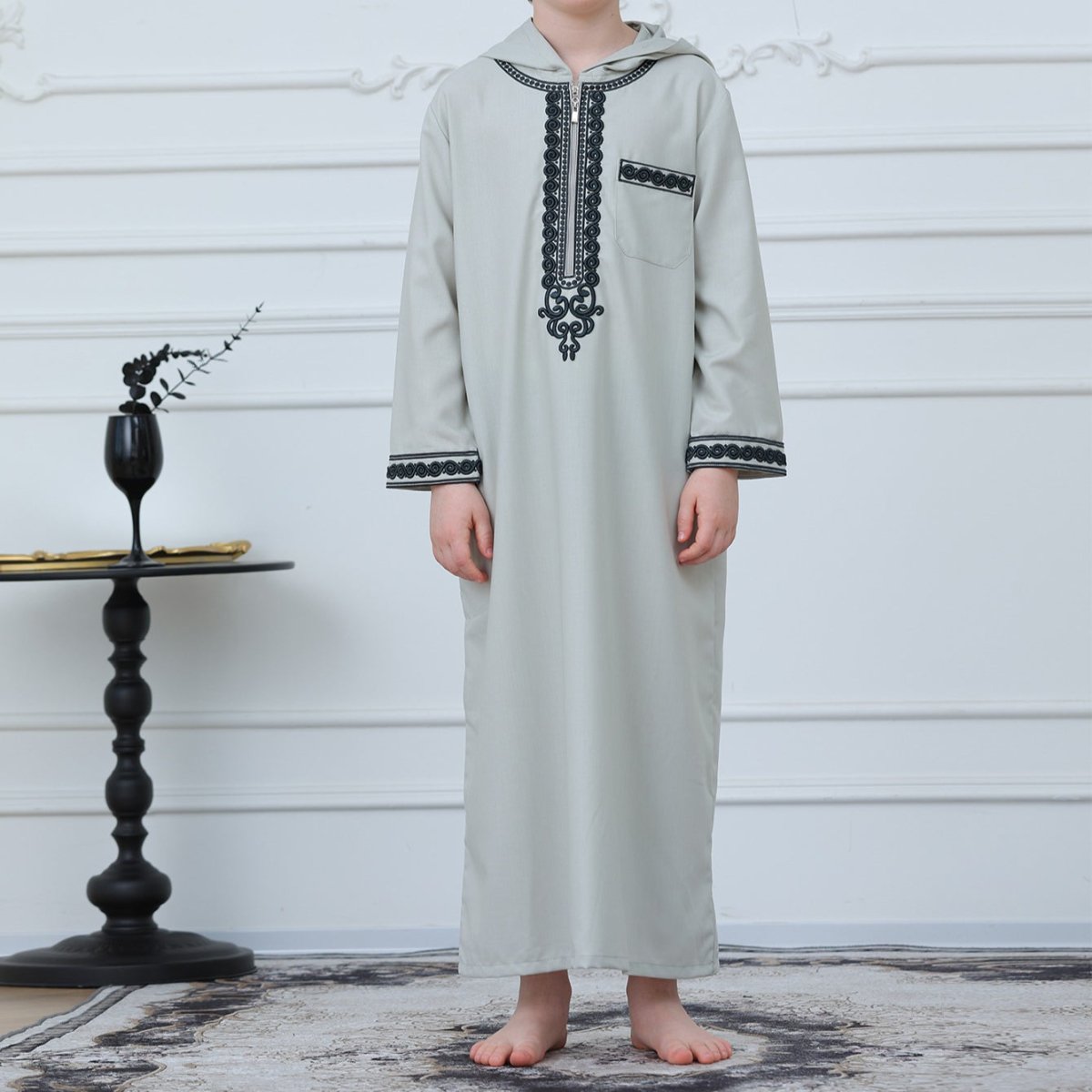 Boys' Hooded Embroidered Thobe with Pockets(MKB030) - Mariam's Collection