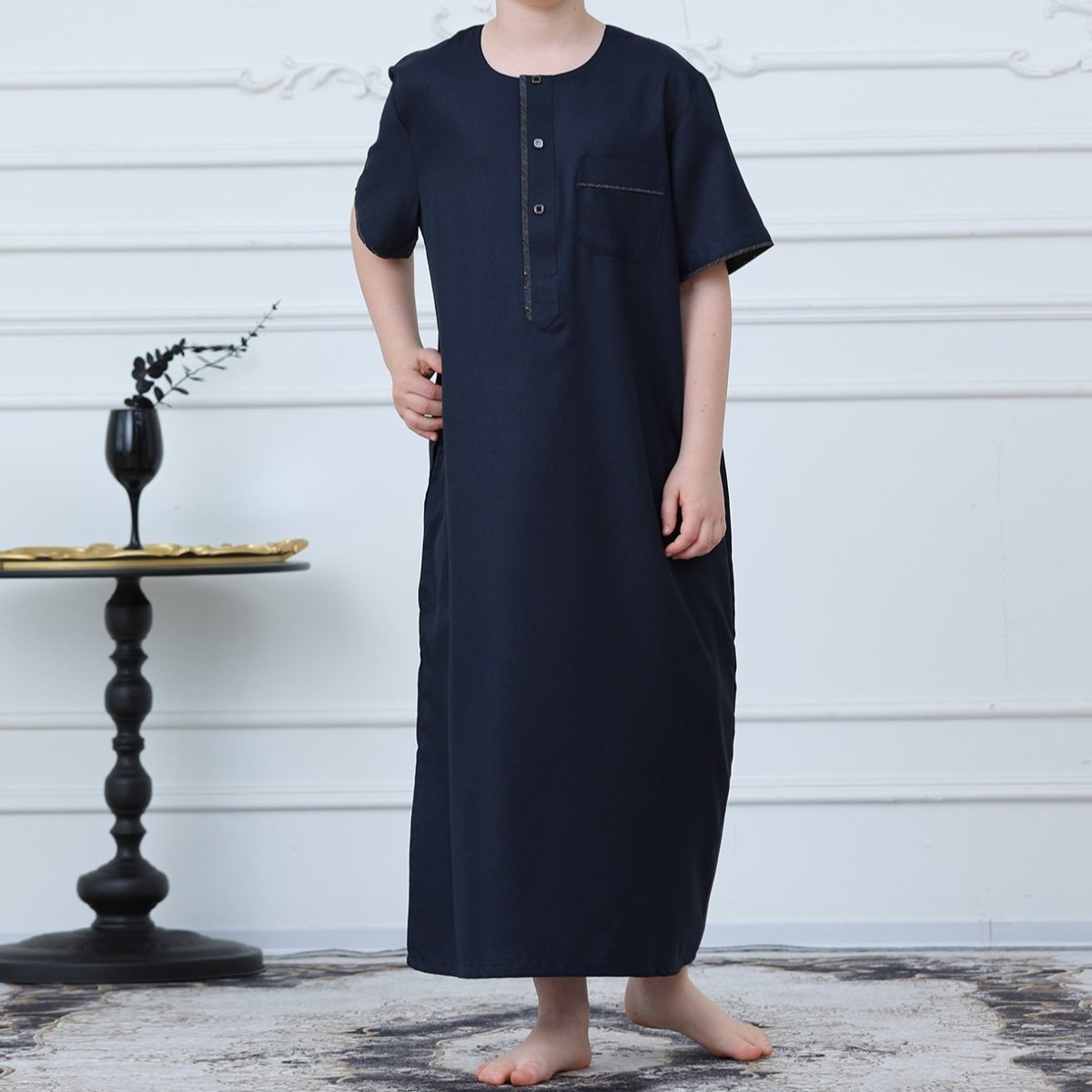 Boys Navy Short Sleeve Thobe with Chest Pocket (MKB022) - Mariam's Collection
