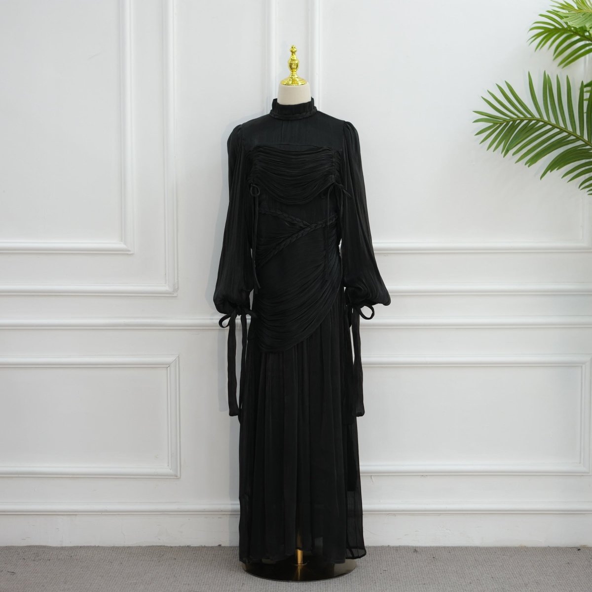 Braided Collar Ruched Fringe Maxi Dress(MS406) - Mariam's Collection