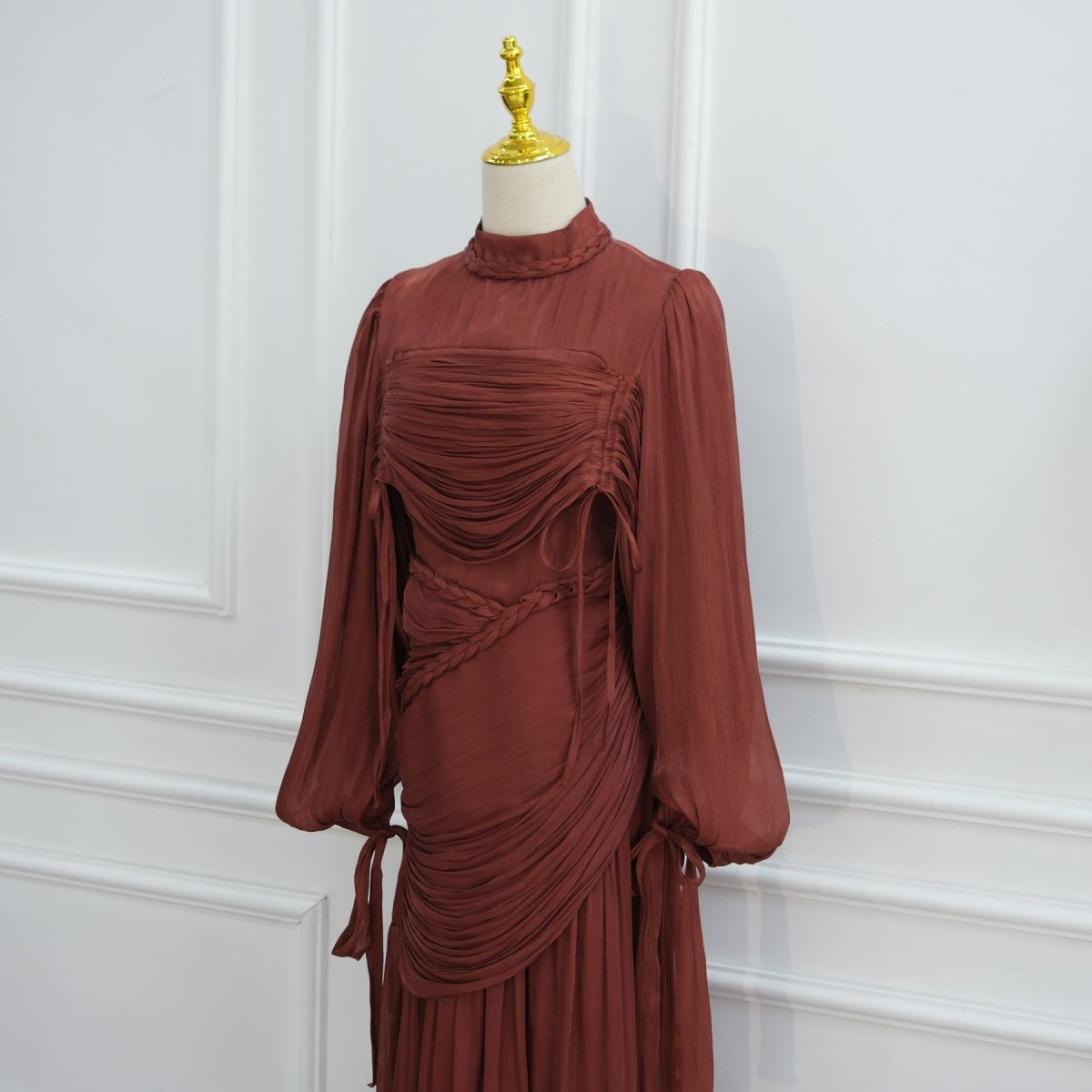Braided Collar Ruched Fringe Maxi Dress(MS406) - Mariam's Collection