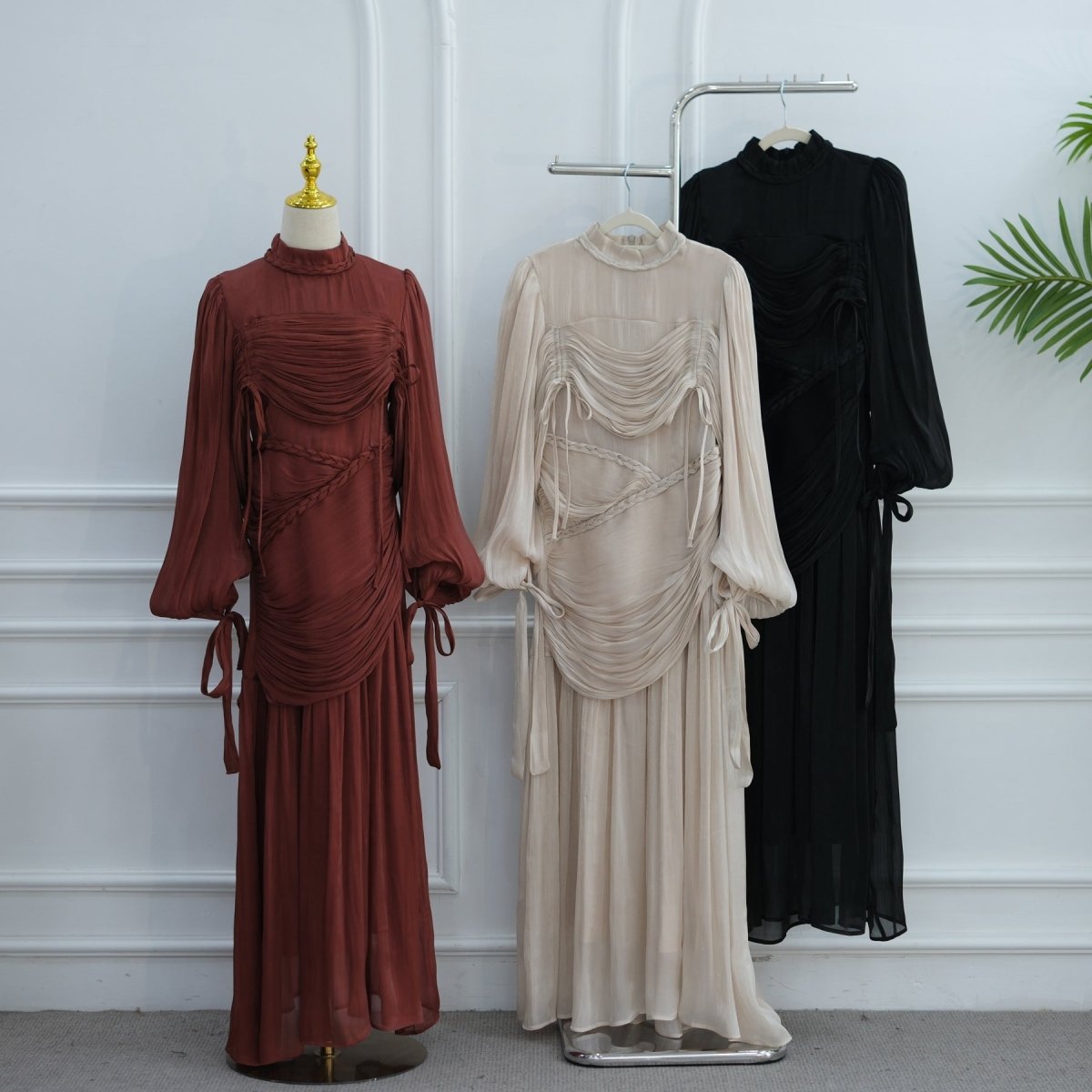 Braided Collar Ruched Fringe Maxi Dress(MS406) - Mariam's Collection