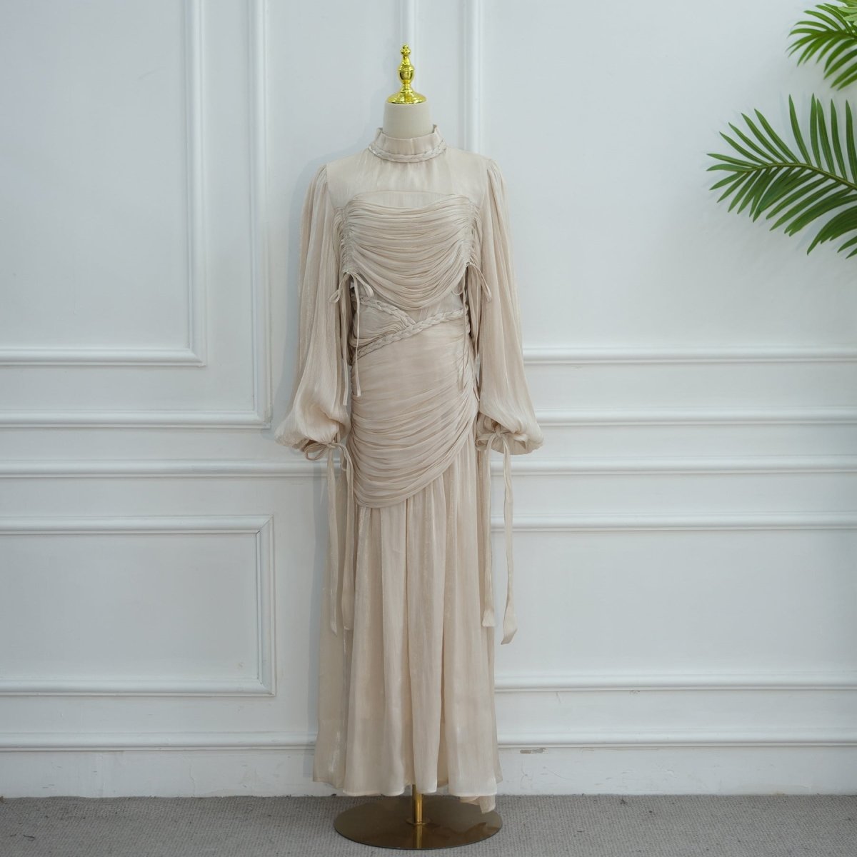 Braided Collar Ruched Fringe Maxi Dress(MS406) - Mariam's Collection