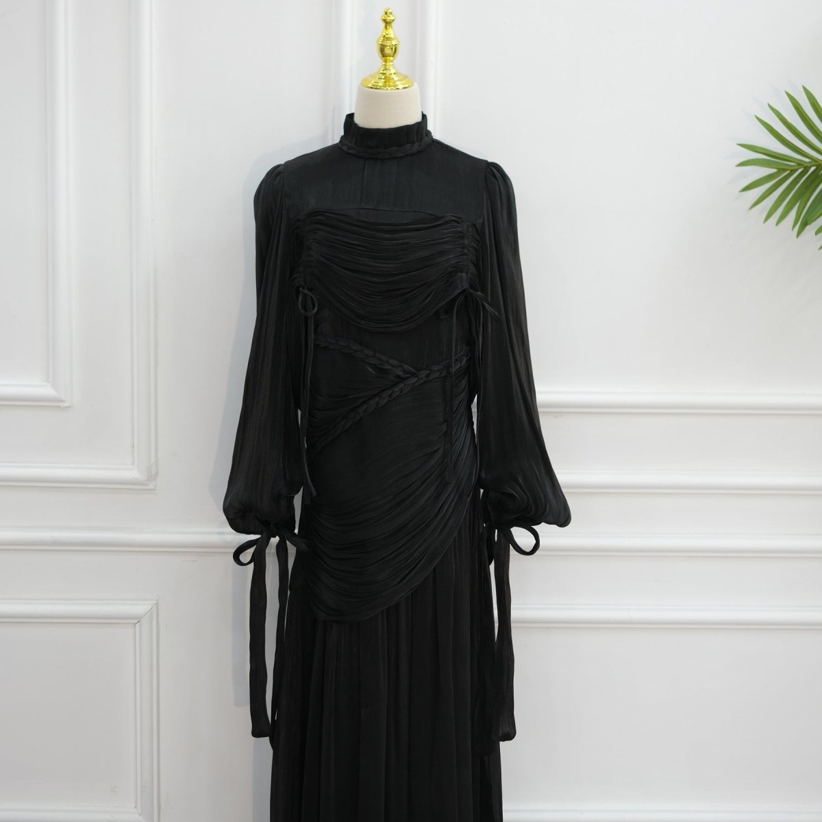 Braided Collar Ruched Fringe Maxi Dress(MS406) - Mariam's Collection