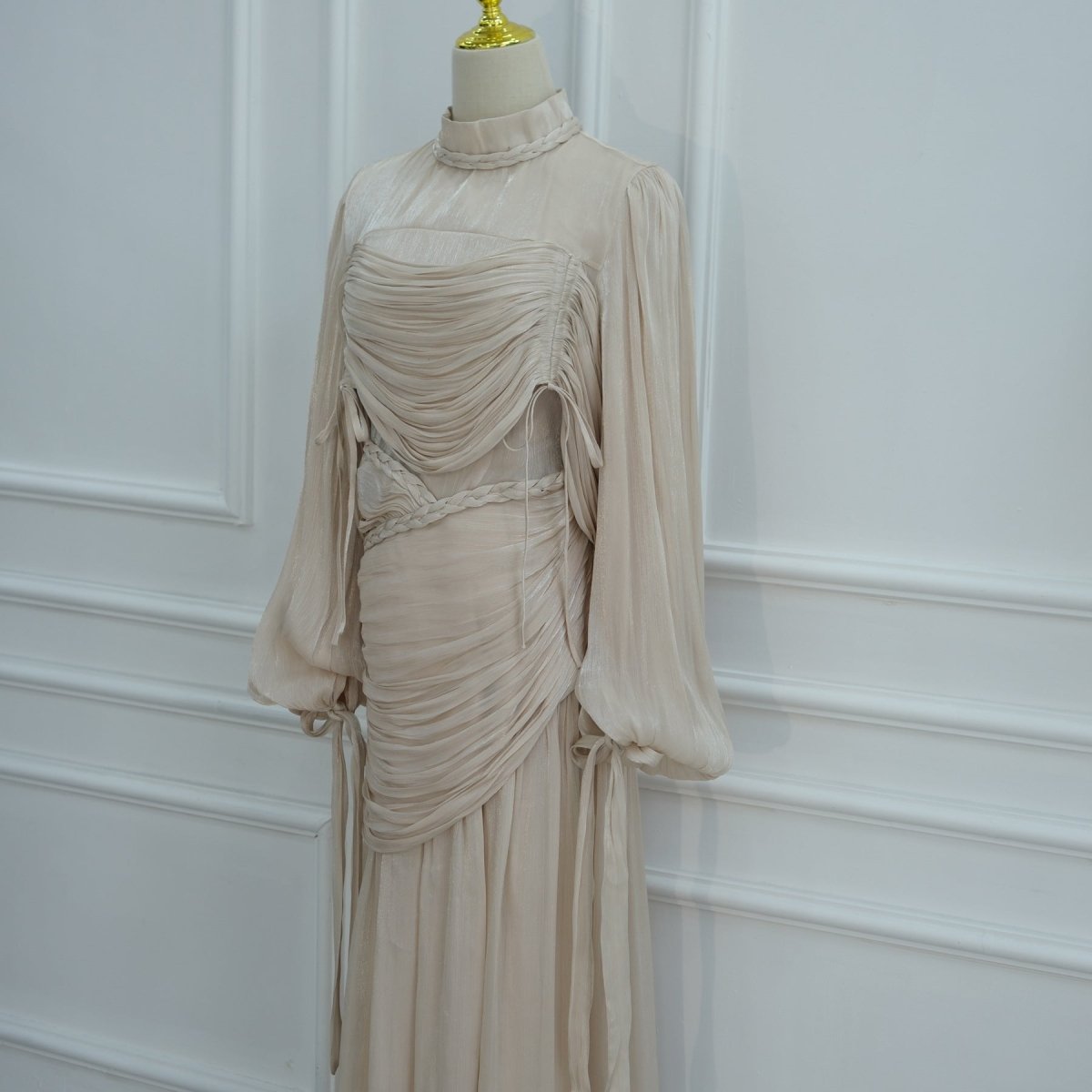 Braided Collar Ruched Fringe Maxi Dress(MS406) - Mariam's Collection