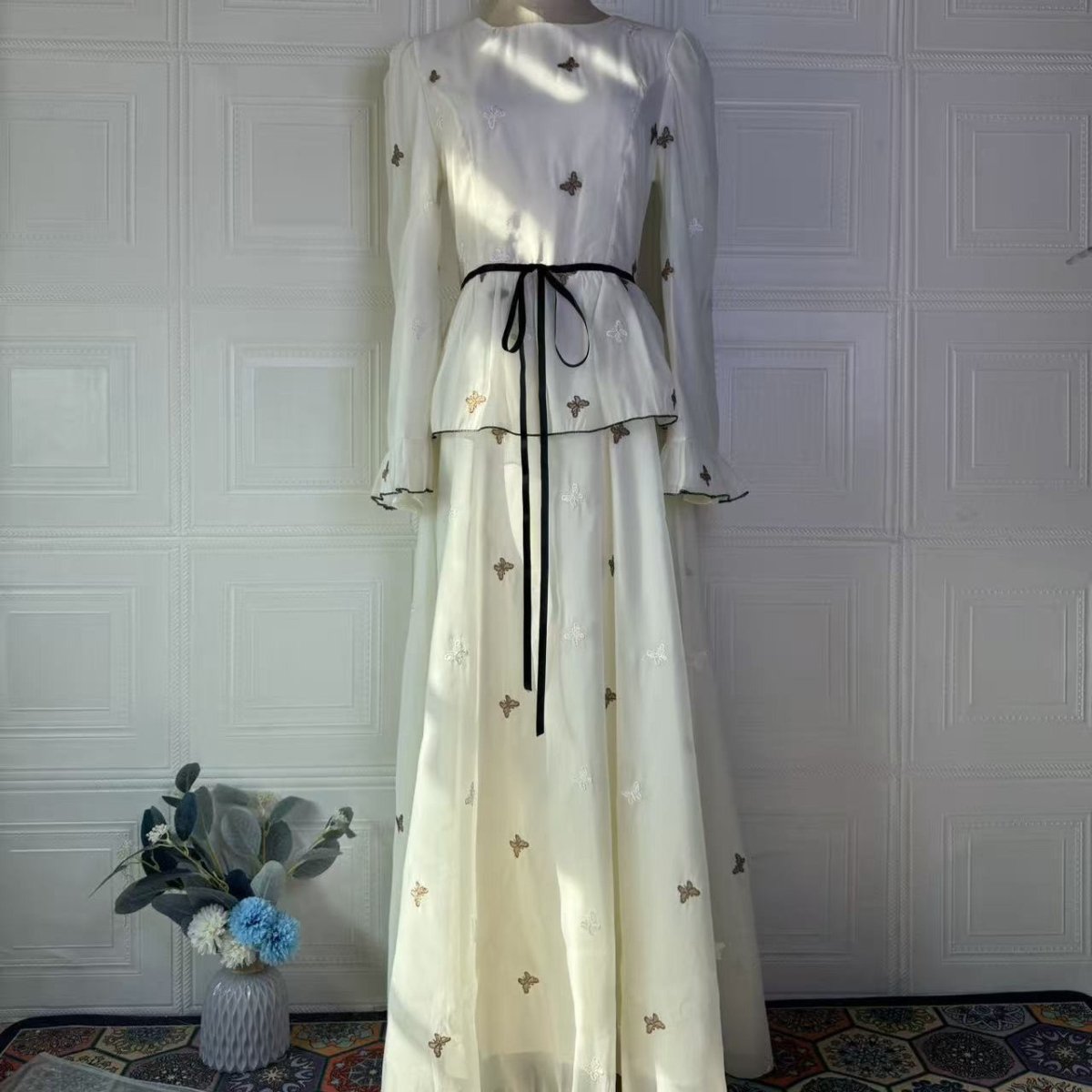 Butterfly Embroidered Maxi Dress | Long Sleeve Peplum Waist Dress(MS274) - Mariam's Collection