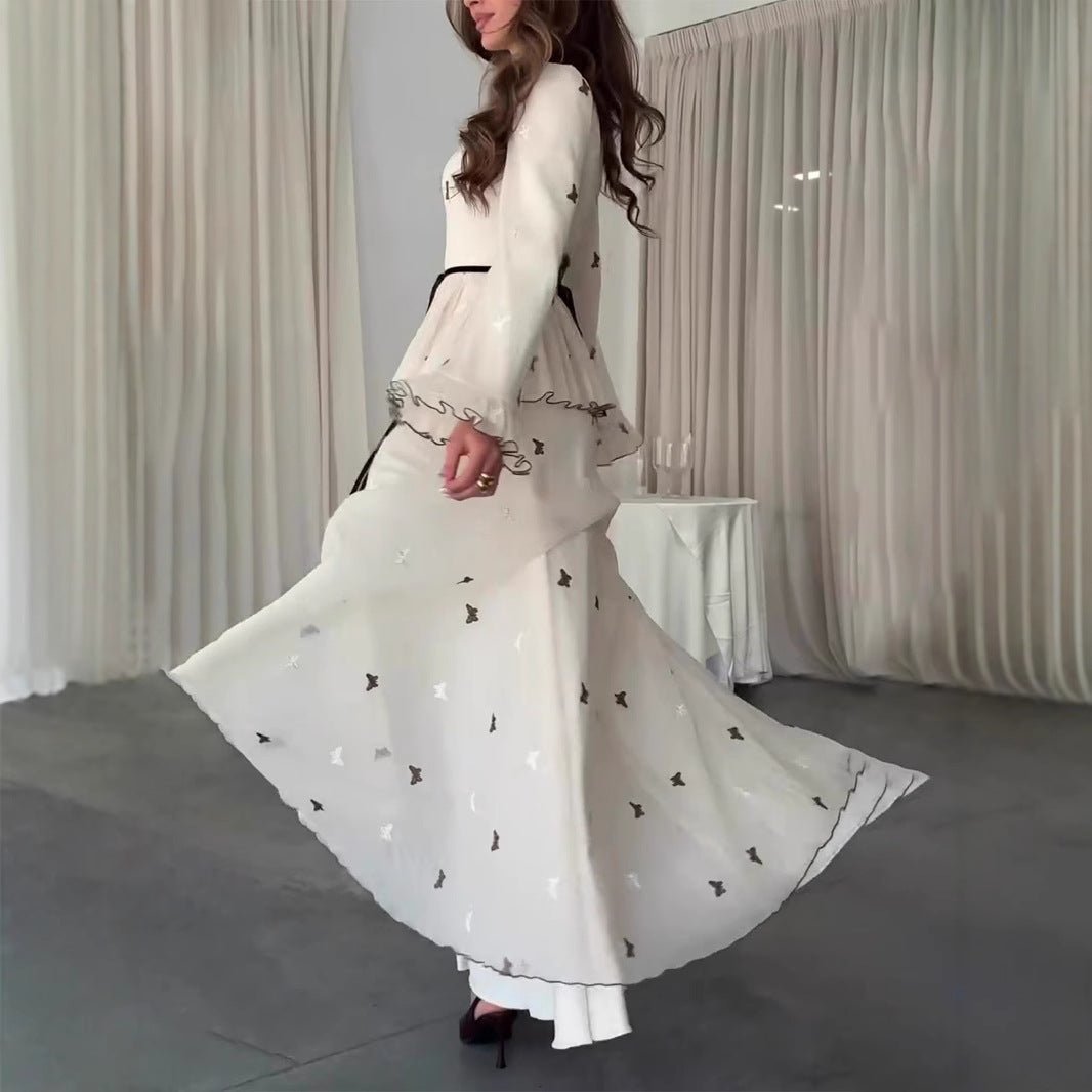 Butterfly Embroidered Maxi Dress | Long Sleeve Peplum Waist Dress(MS274) - Mariam's Collection