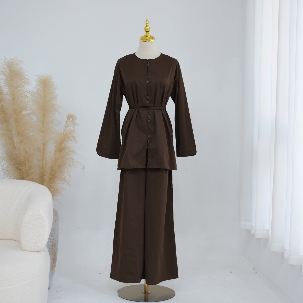 Waistband close-up on elasticated wide-leg trousers in modest co-ord