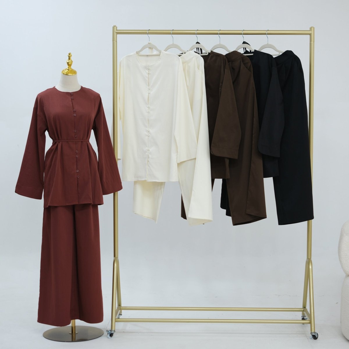 Flared cuff sleeve detail on matte modest two-piece set