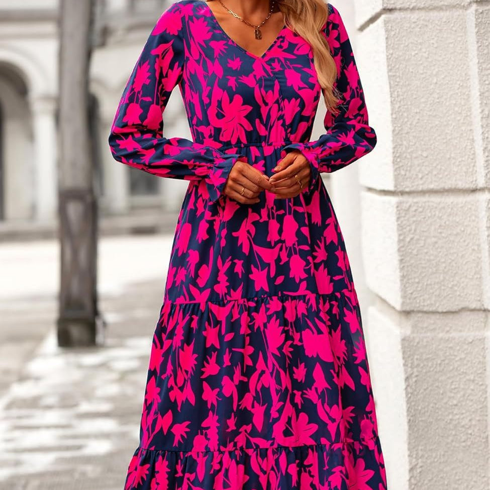 Floral Print V-Neck Midi Dress | Long Sleeve Elastic Waist Dress(MS271)
