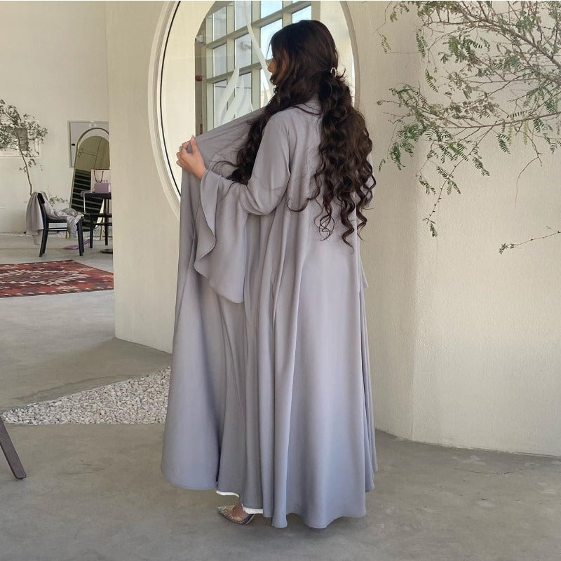 Lotus Leaf Sleeve Solid Soft Satin Open Front Abaya Dress | Lightweight Modest Abaya Cover(MOA220)