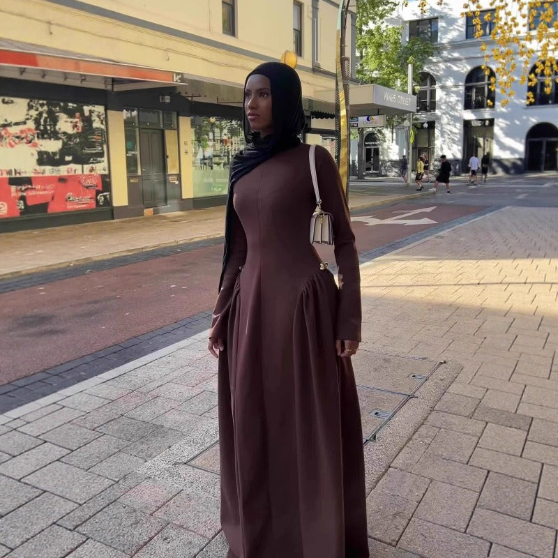 Solid Color Round Neck Maxi Dress | Pleated Waist Full Circle Skirt Long Sleeve Abaya(MA302)