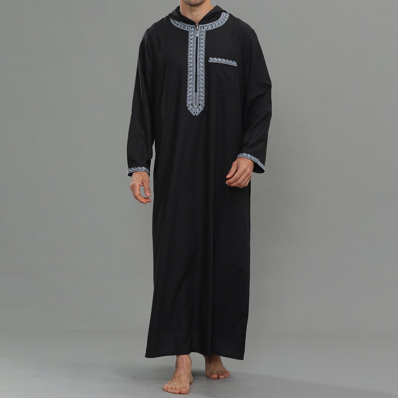 Men's Hooded Embroidered Thobe with Pockets(MT037)