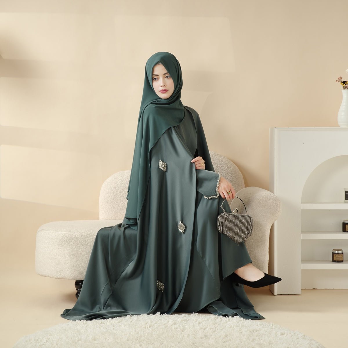 Cape Abaya, Haute Couture Heavy Rhinestone Abaya (MOA067) - Mariam's Collection