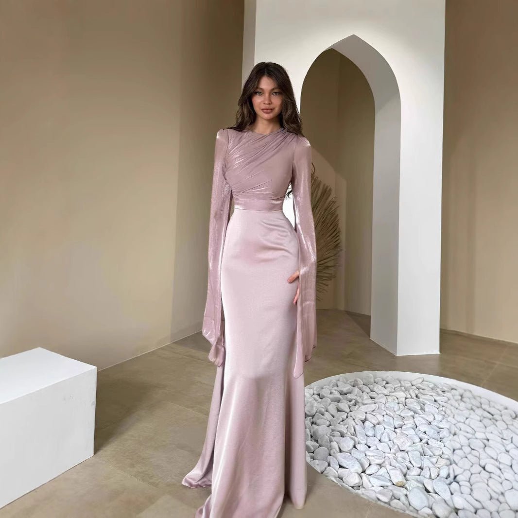 Cape Sleeve Gown with Tie - Back | Fitted Mermaid Maxi Dress(MS230) - Mariam's Collection