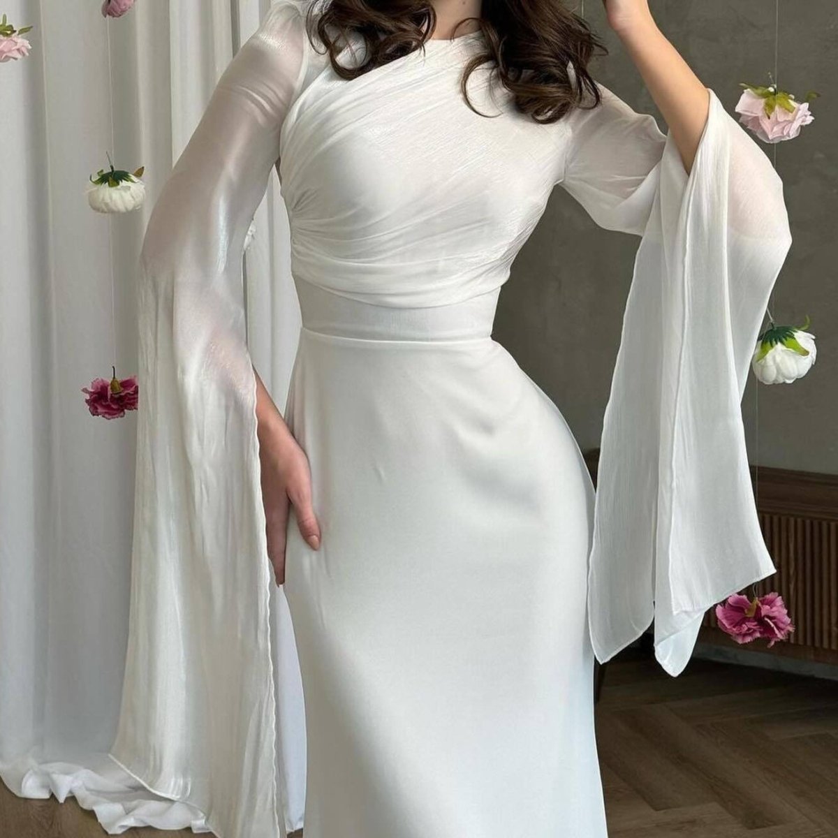 Cape Sleeve Gown with Tie - Back | Fitted Mermaid Maxi Dress(MS230) - Mariam's Collection