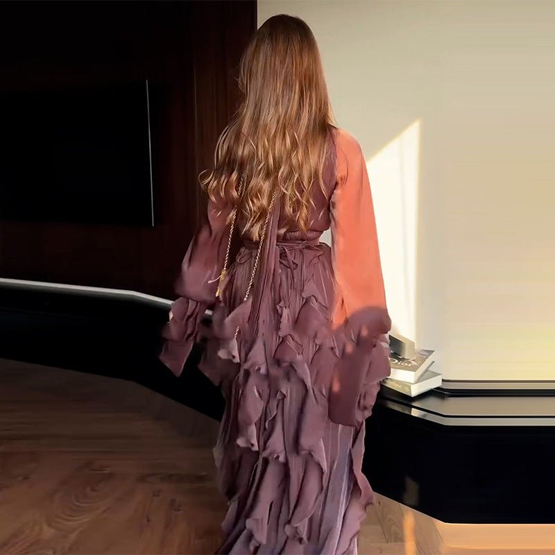 Cascading Ruffle Gown | High Neck Tie - Waist Maxi Dress(MS231) - Mariam's Collection