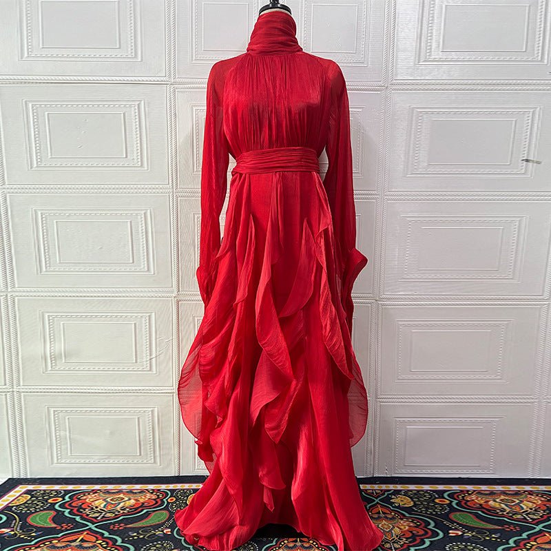 Cascading Ruffle Gown | High Neck Tie - Waist Maxi Dress(MS231) - Mariam's Collection