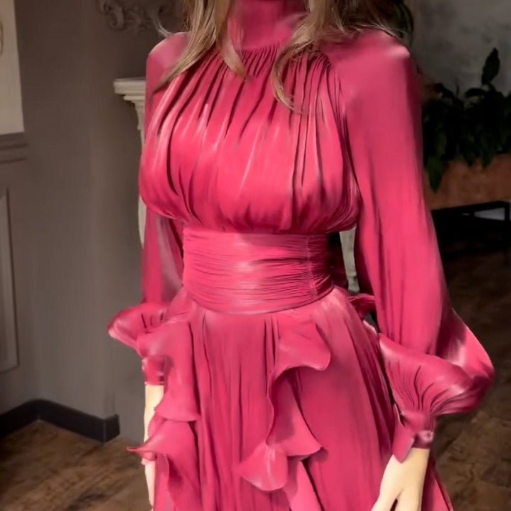 Cascading Ruffle Gown | High Neck Tie - Waist Maxi Dress(MS231) - Mariam's Collection