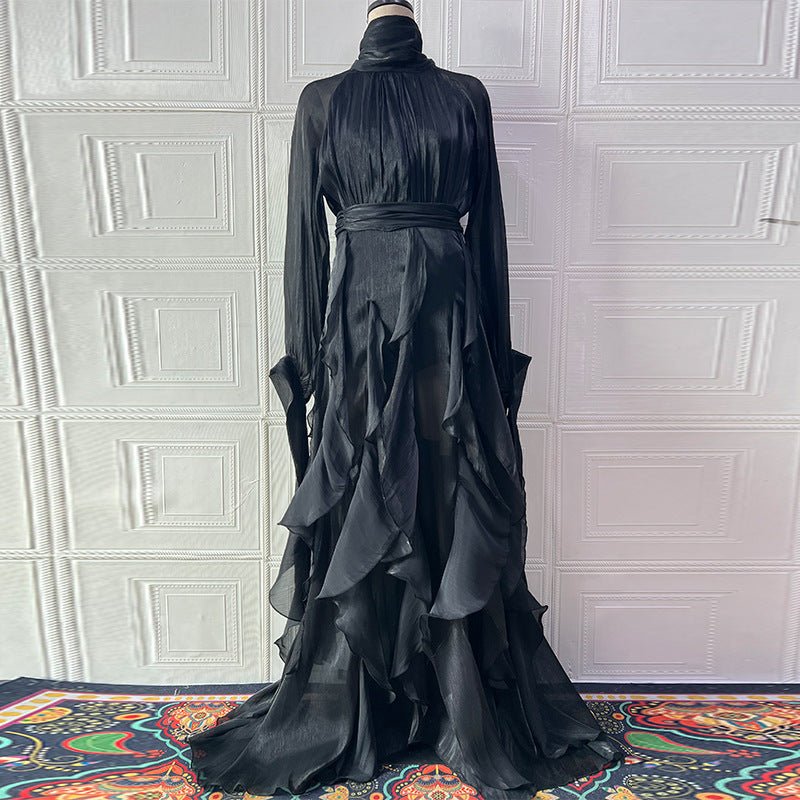 Cascading Ruffle Gown | High Neck Tie - Waist Maxi Dress(MS231) - Mariam's Collection