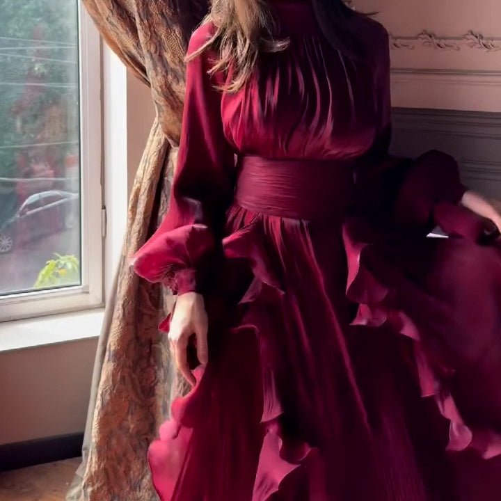 Cascading Ruffle Gown | High Neck Tie - Waist Maxi Dress(MS231) - Mariam's Collection