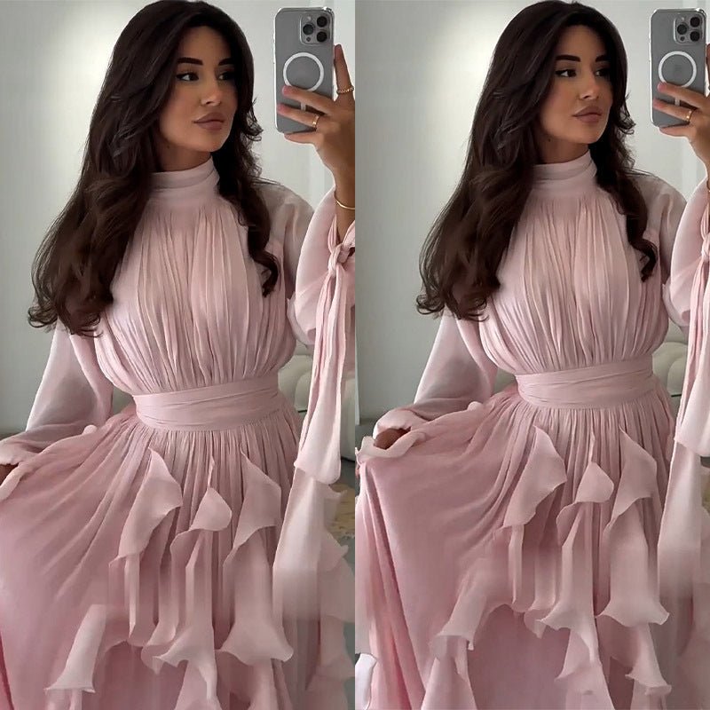 Cascading Ruffle Gown | High Neck Tie - Waist Maxi Dress(MS231) - Mariam's Collection