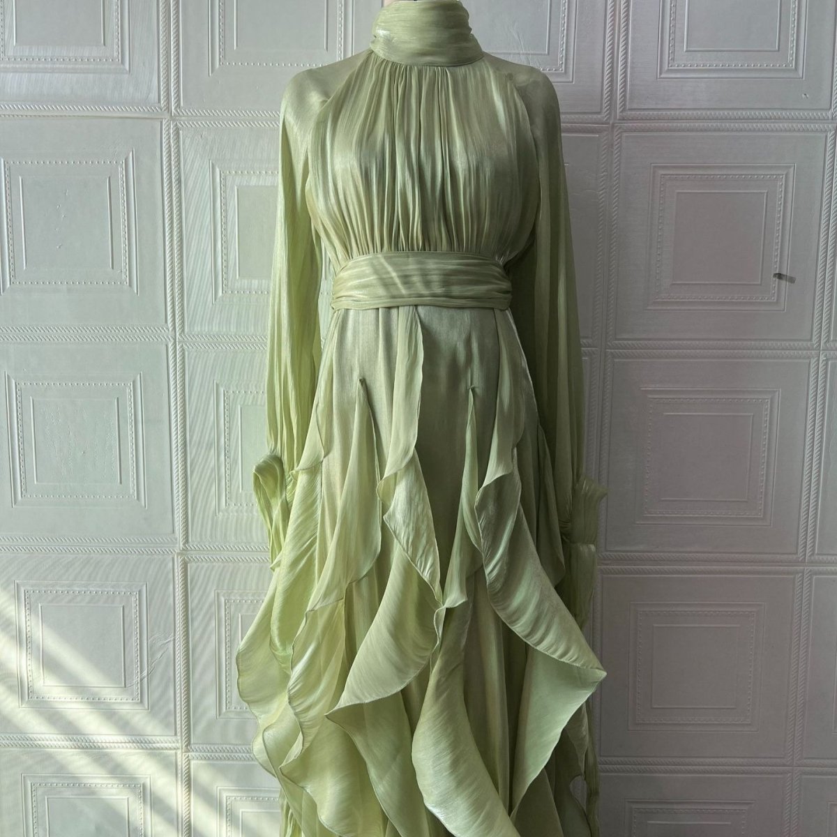 Cascading Ruffle Gown | High Neck Tie - Waist Maxi Dress(MS231) - Mariam's Collection