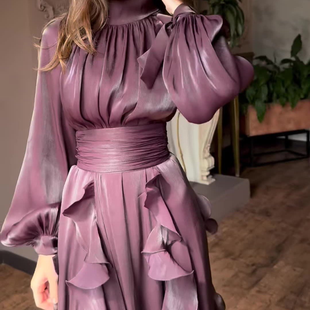 Cascading Ruffle Gown | High Neck Tie - Waist Maxi Dress(MS231) - Mariam's Collection