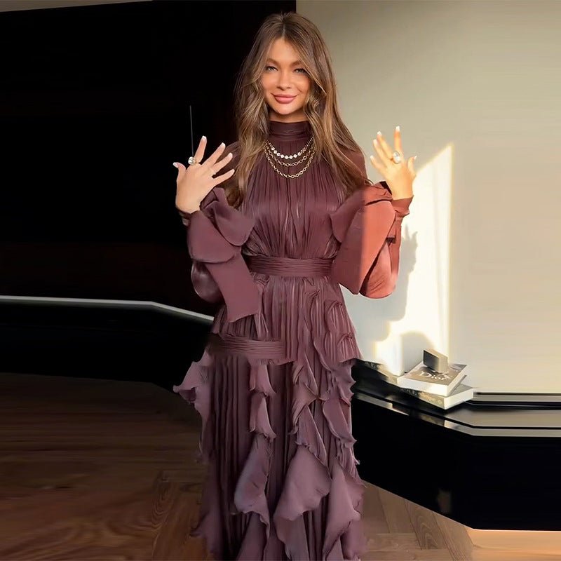 Cascading Ruffle Gown | High Neck Tie - Waist Maxi Dress(MS231) - Mariam's Collection