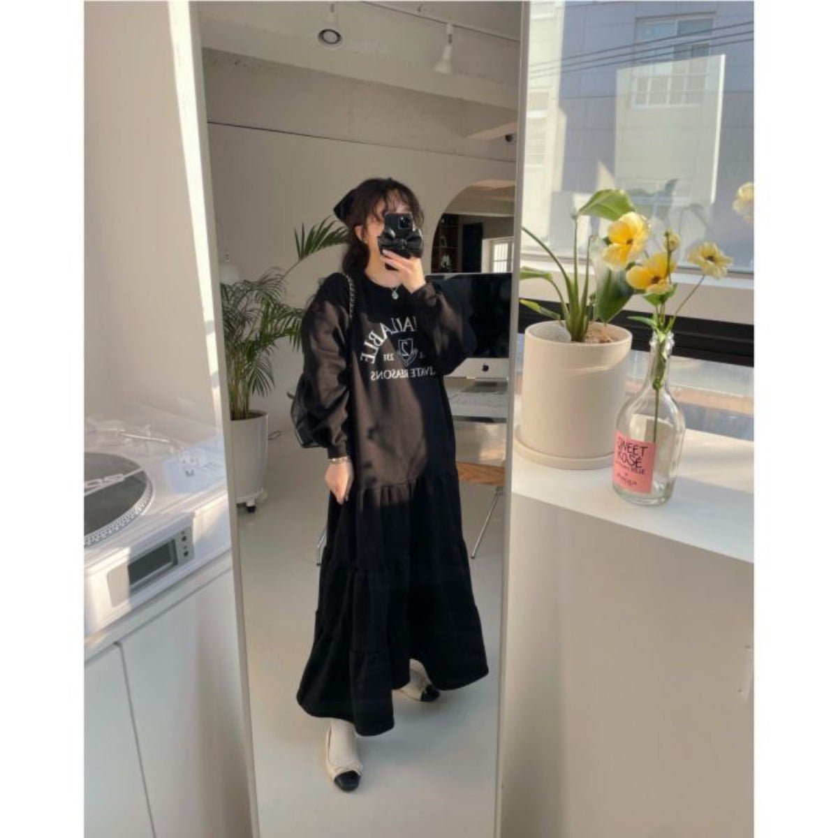 Casual Letter Print Crew Neck Long Sleeve Knit Dress | Minimalist Lounge Dress(MS111) - Mariam's Collection