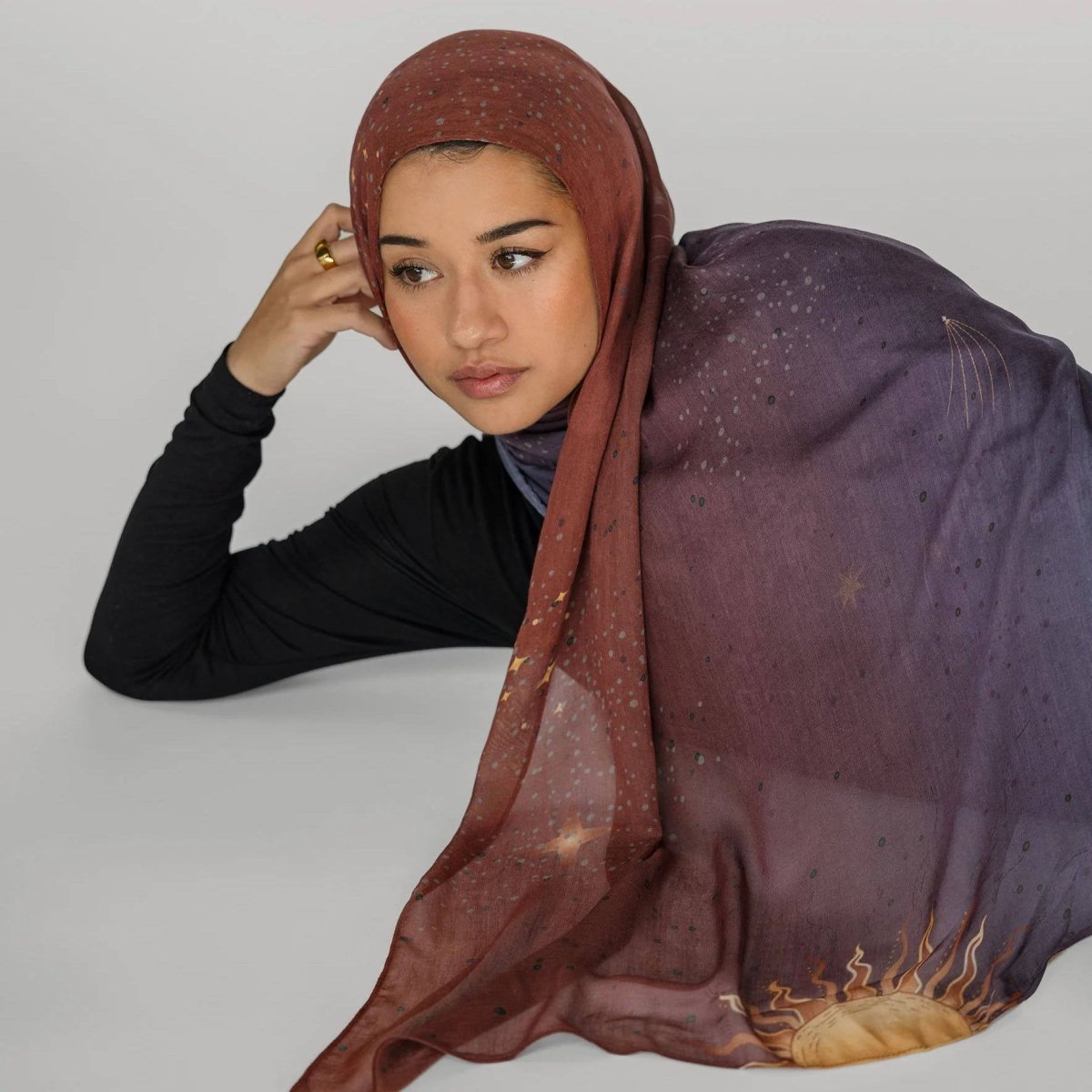 Celestial Sun & Galaxy Print Ombre Hijab Scarf(MH242) - Mariam's Collection