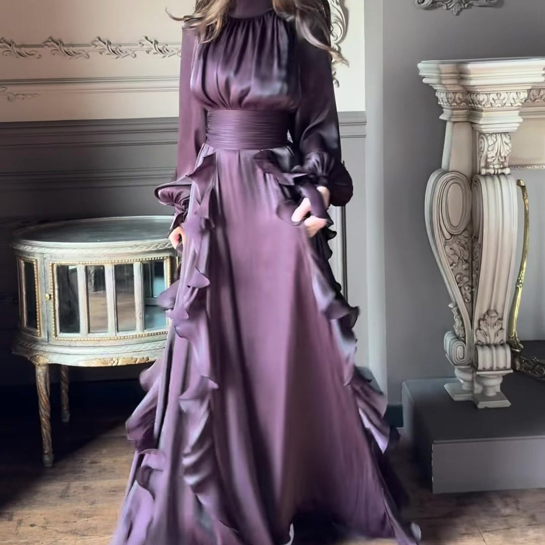 Cascading Ruffle Gown | High Neck Tie-Waist Maxi Dress(MS231)