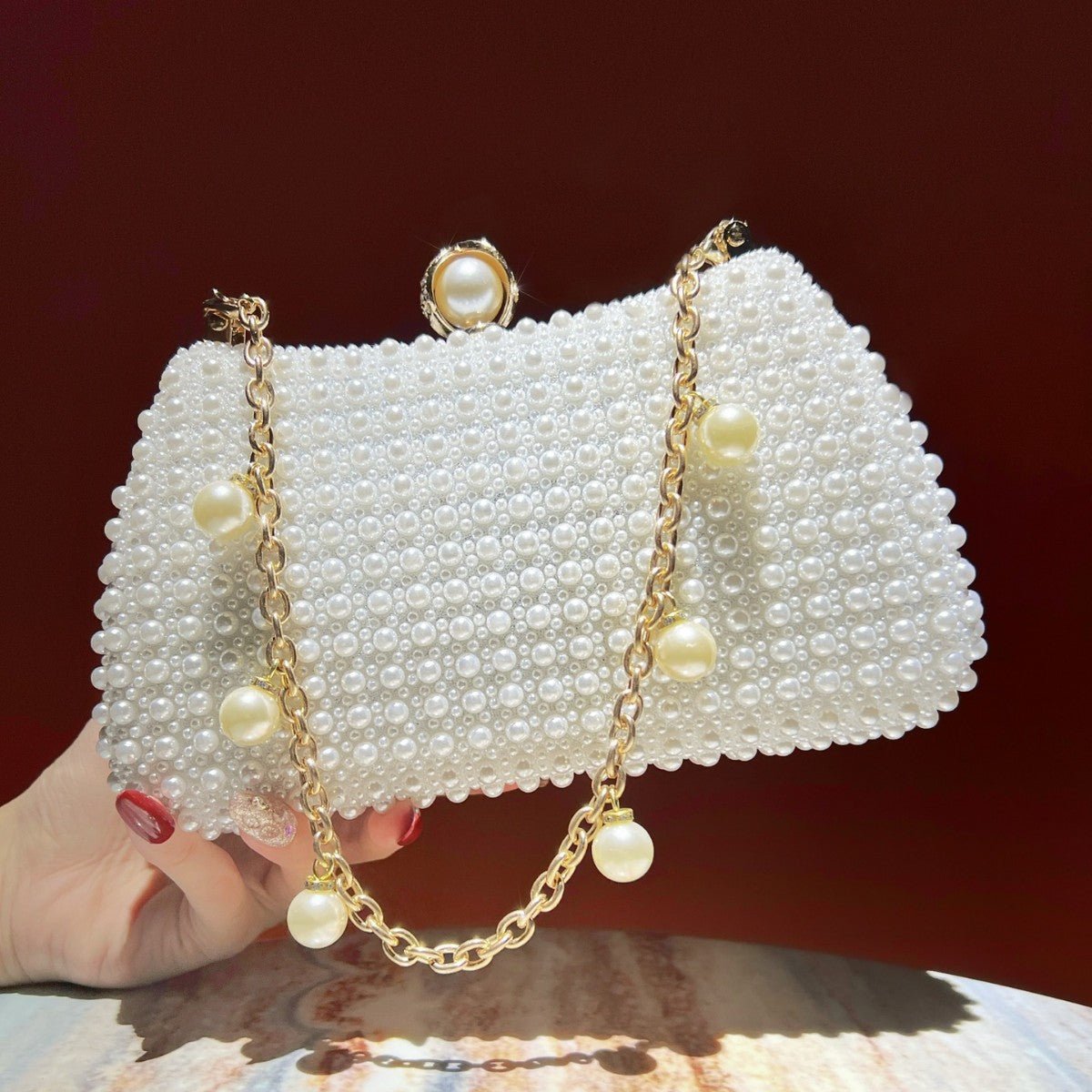Chic Faux Pearl Evening Clutch – Pearl Chain Strap Bag