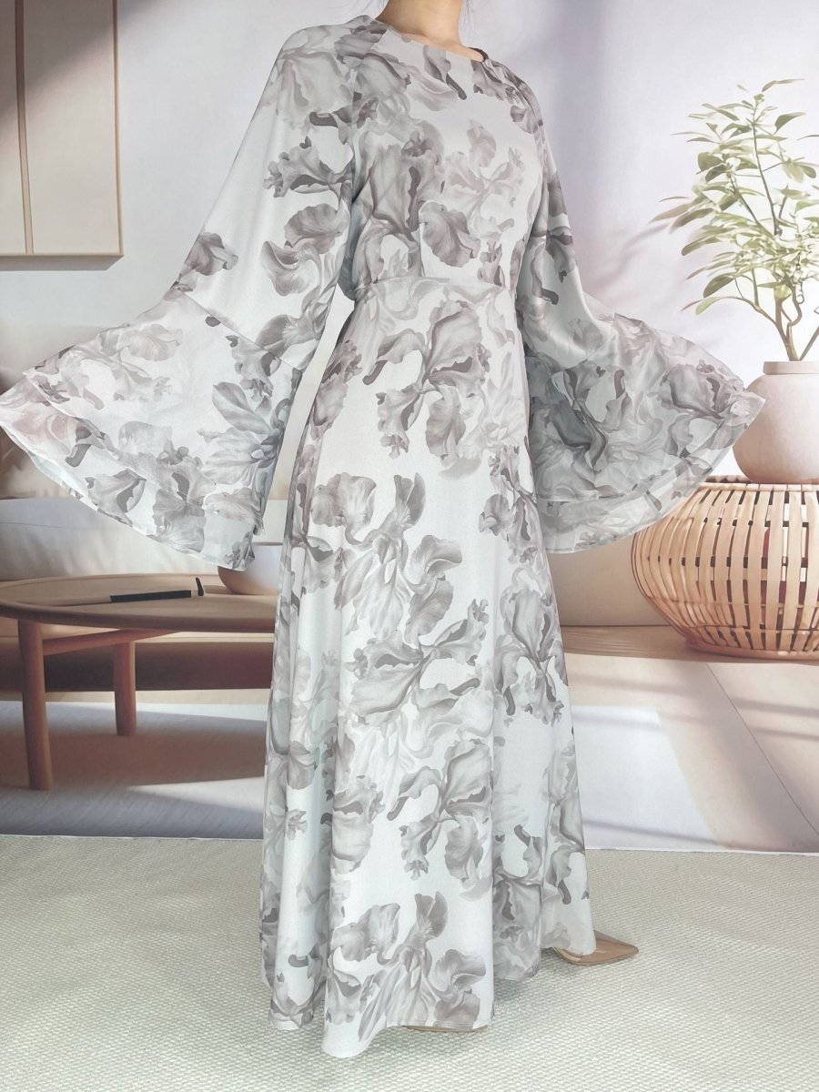 Chiffon Blossom Printed Flared Sleeve Abaya (MA149) - Mariam's Collection