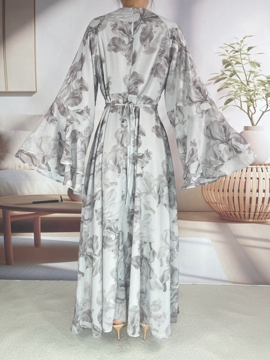 Chiffon Blossom Printed Flared Sleeve Abaya (MA149) - Mariam's Collection