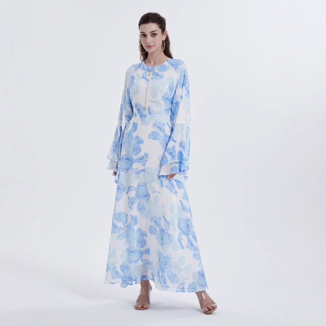 Chiffon Blossom Printed Flared Sleeve Abaya (MA149) - Mariam's Collection