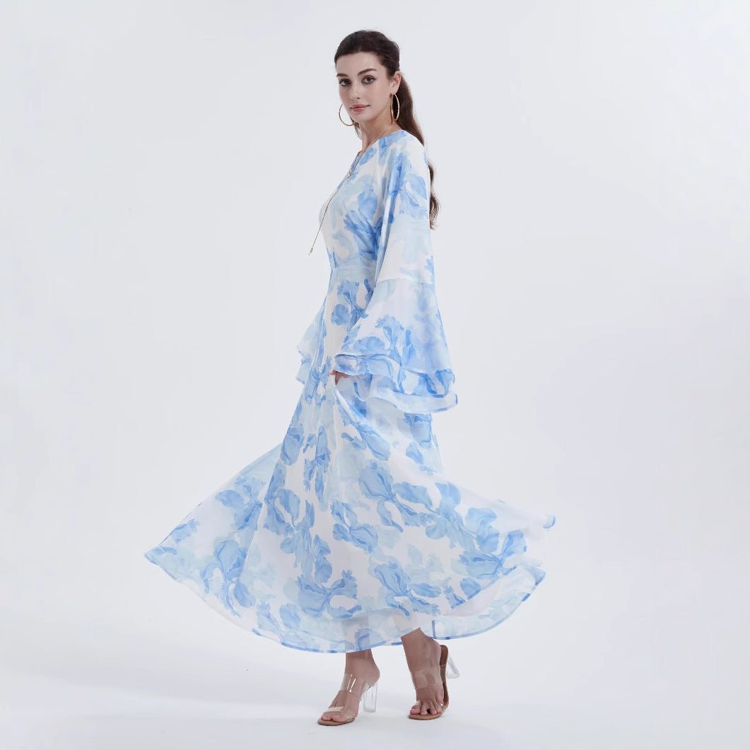 Chiffon Blossom Printed Flared Sleeve Abaya (MA149) - Mariam's Collection