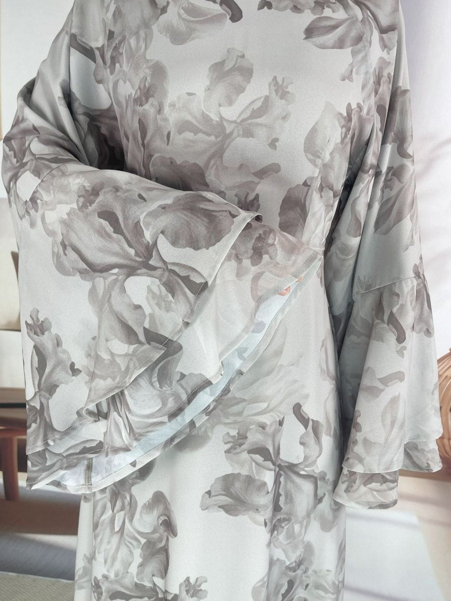 Chiffon Blossom Printed Flared Sleeve Abaya (MA149) - Mariam's Collection