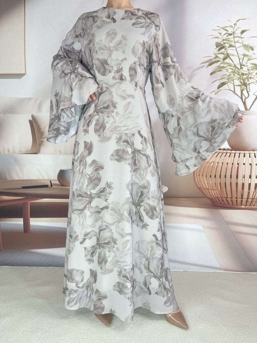Chiffon Blossom Printed Flared Sleeve Abaya (MA149) - Mariam's Collection