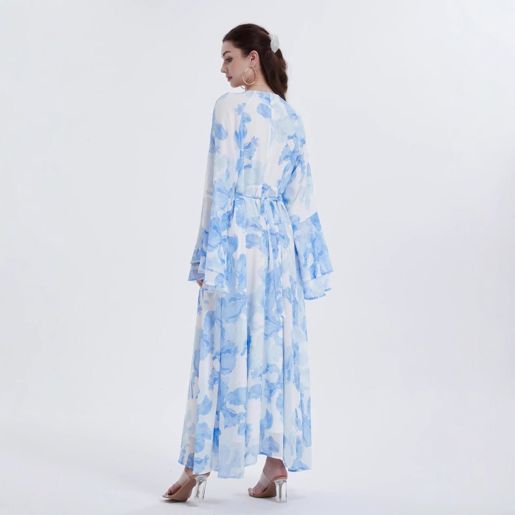 Chiffon Blossom Printed Flared Sleeve Abaya (MA149) - Mariam's Collection