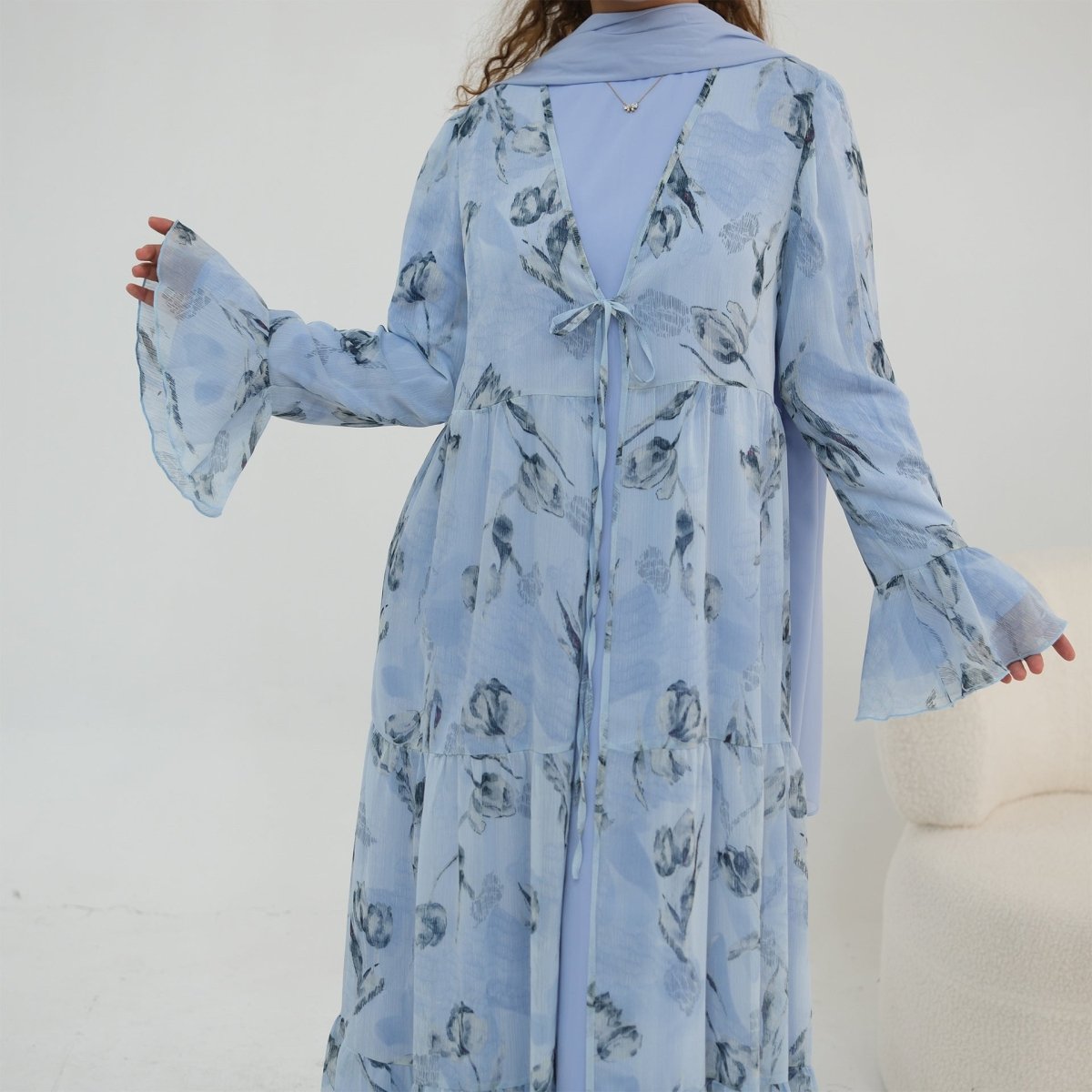 Chiffon Crinkle Flared Sleeve Tiered Open Abaya Set(MOA341) - Mariam's Collection