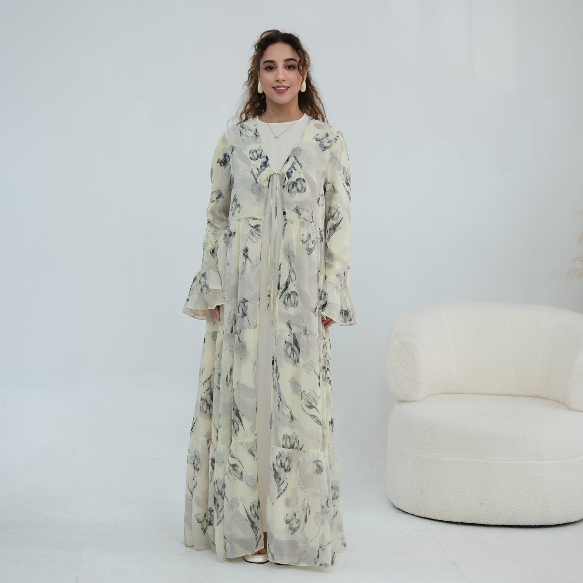 Chiffon Crinkle Flared Sleeve Tiered Open Abaya Set(MOA341) - Mariam's Collection
