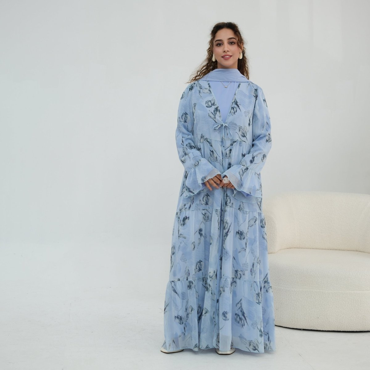 Chiffon Crinkle Flared Sleeve Tiered Open Abaya Set(MOA341) - Mariam's Collection
