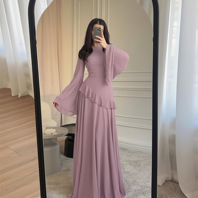 Chiffon Ruffle Gown with Tie - Back | Bell Sleeve Tiered Maxi Dress(MS227) - Mariam's Collection