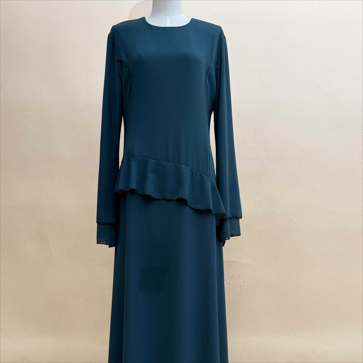 Chiffon Ruffle Gown with Tie - Back | Bell Sleeve Tiered Maxi Dress(MS227) - Mariam's Collection
