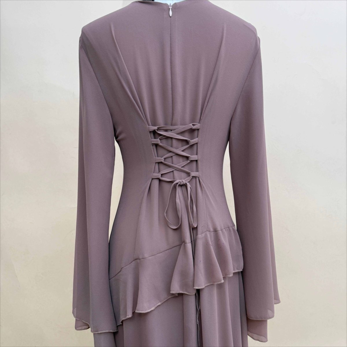 Chiffon Ruffle Gown with Tie - Back | Bell Sleeve Tiered Maxi Dress(MS227) - Mariam's Collection