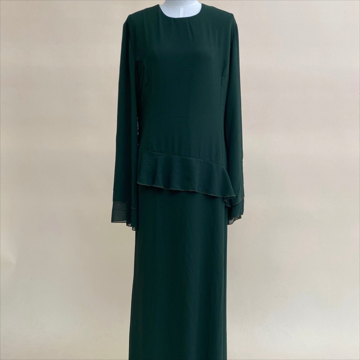 Chiffon Ruffle Gown with Tie - Back | Bell Sleeve Tiered Maxi Dress(MS227) - Mariam's Collection