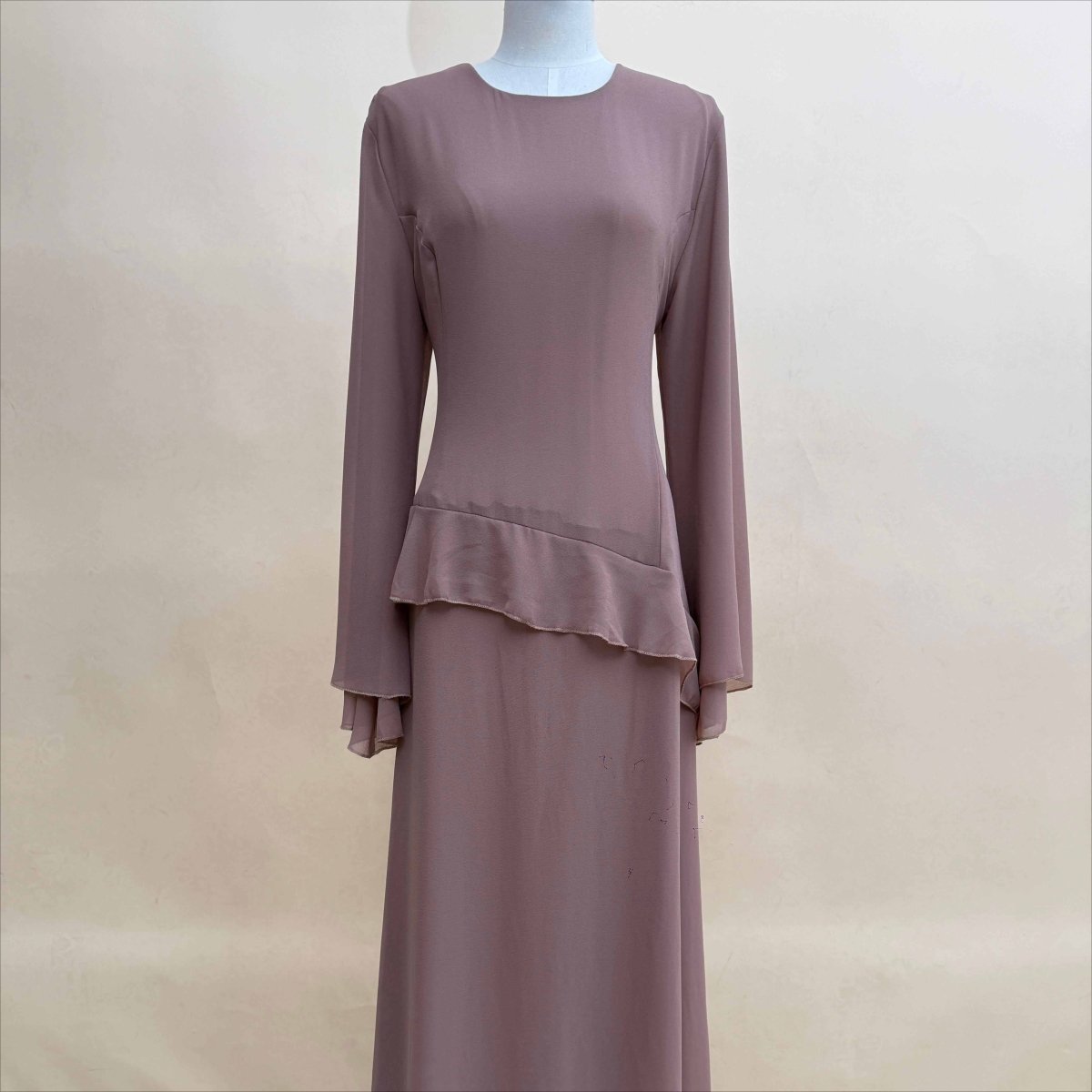 Chiffon Ruffle Gown with Tie - Back | Bell Sleeve Tiered Maxi Dress(MS227) - Mariam's Collection